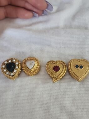Vintage Gold Heart Brooch Set with Black, White, Red, and Blue Accents